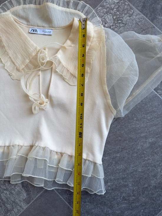 Zara organza knit Sheer Ruffle-Trim Cream Blouse with Tie Neck NWOT Sm - Picture 13 of 16
